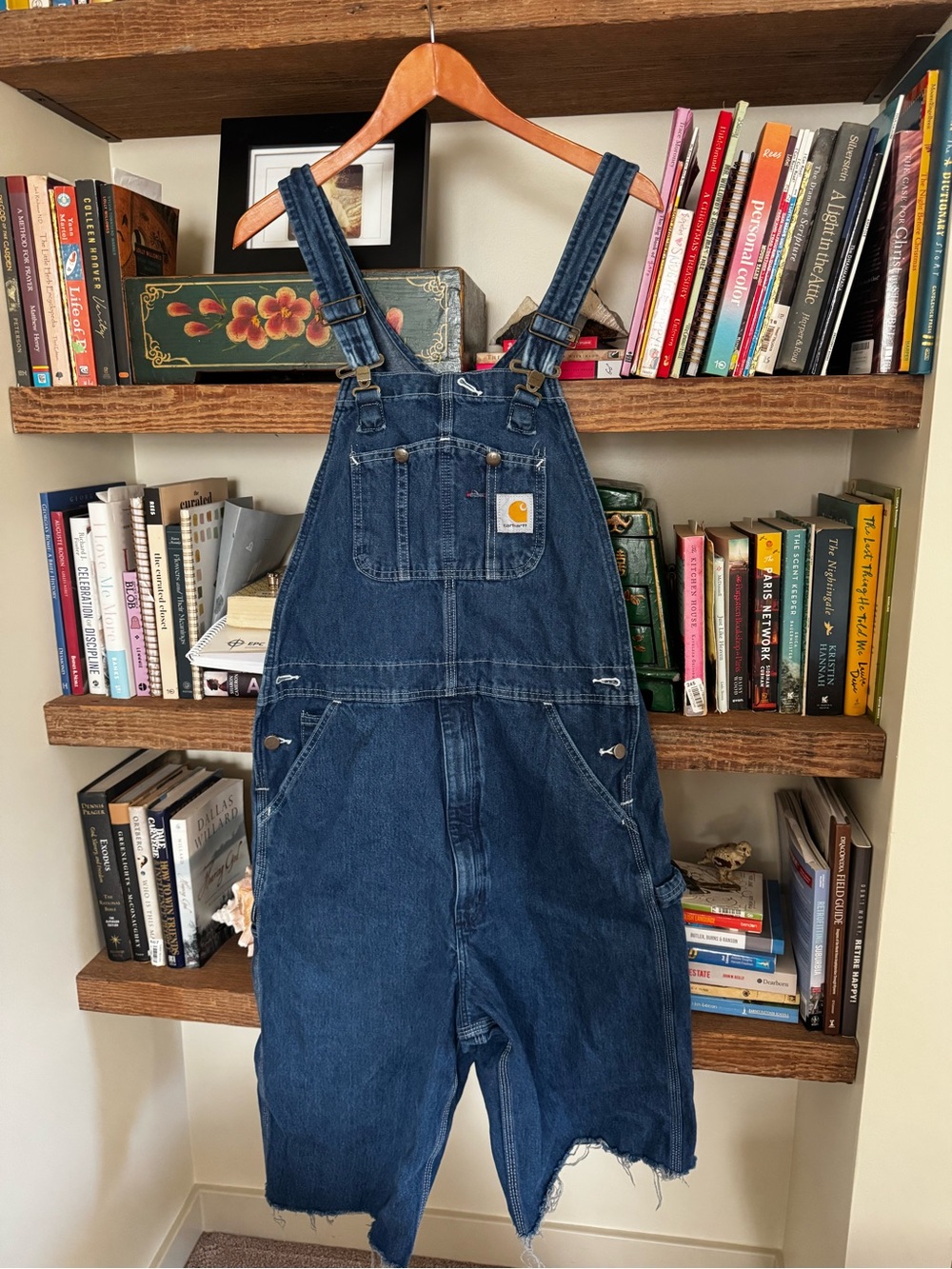 Carhartt Dark Denim Blue Bib Overalls with Frayed Hems